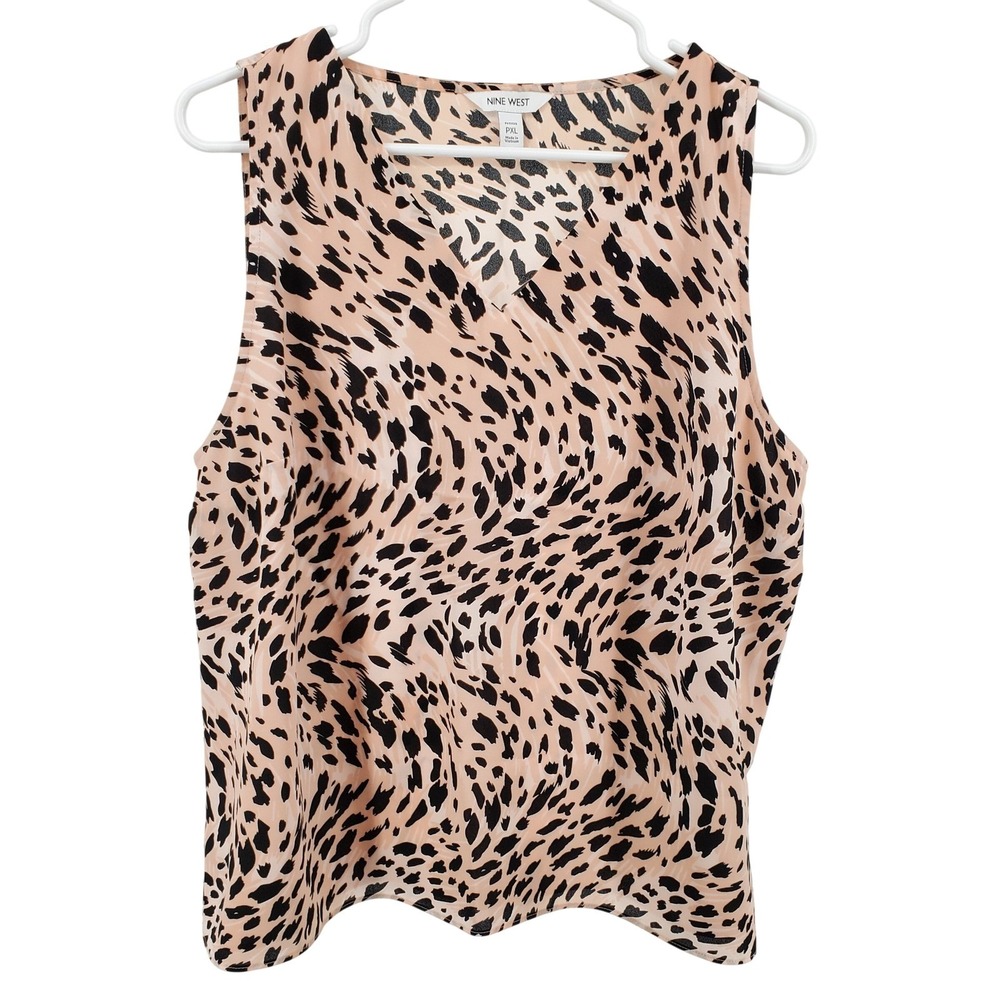 Nine West Petites PXL Animal Print Sleeveless V-Neck Blouse Pink Black Tan‎ Top